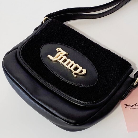NWT Juicy Couture black faux leather & faux shearling satchel bag - Picture 3 of 6